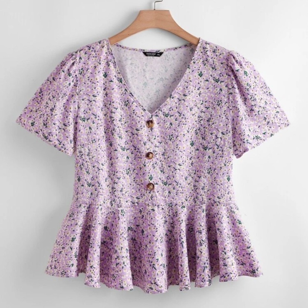 Curve Plus V Neck Button Detail Ditsy Floral Top
